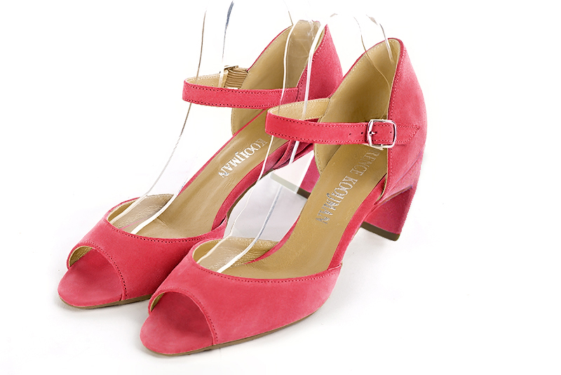 Carnation pink women's closed back sandals, with an instep strap. Square toe. Medium comma heels. Front view - Florence KOOIJMAN
